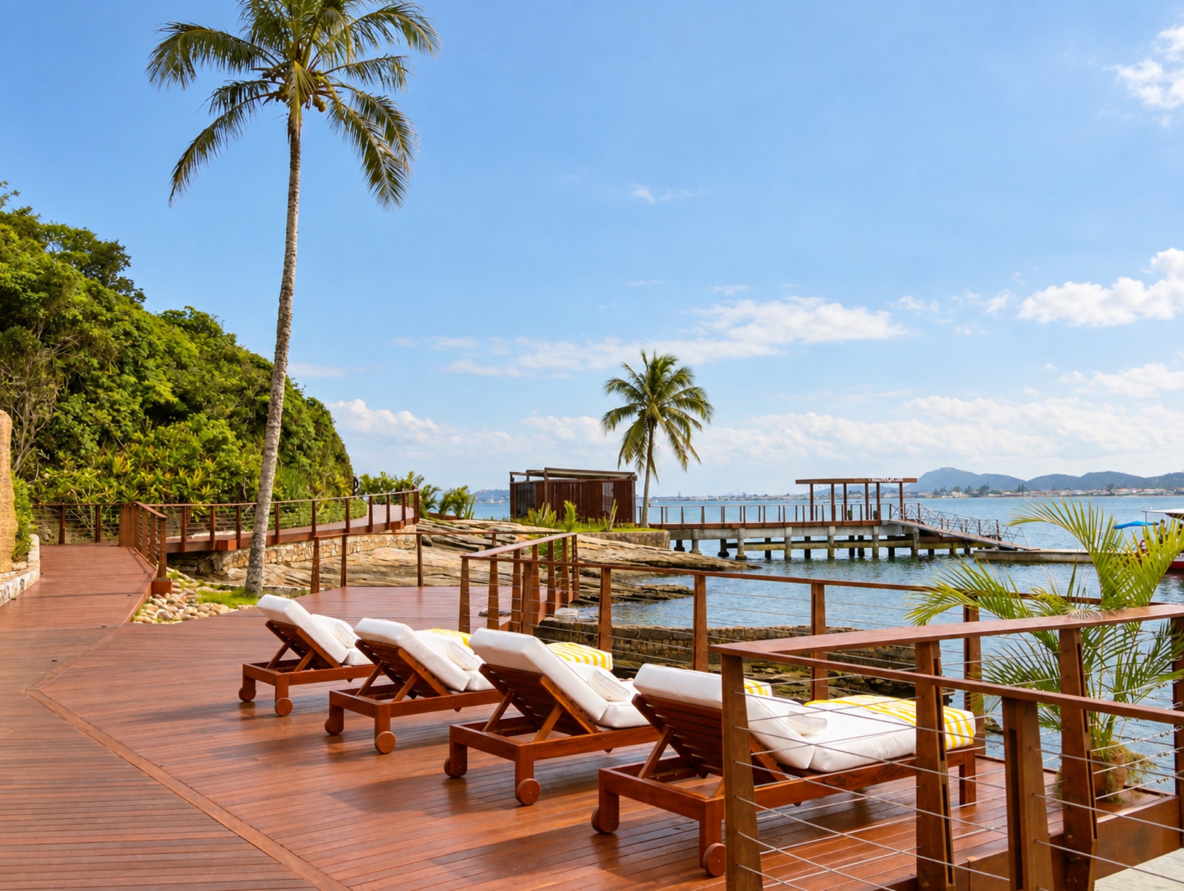 Deck do Nas Rocas com espreguiçadeiras, coqueiros e vista para o píer e o mar de Búzios